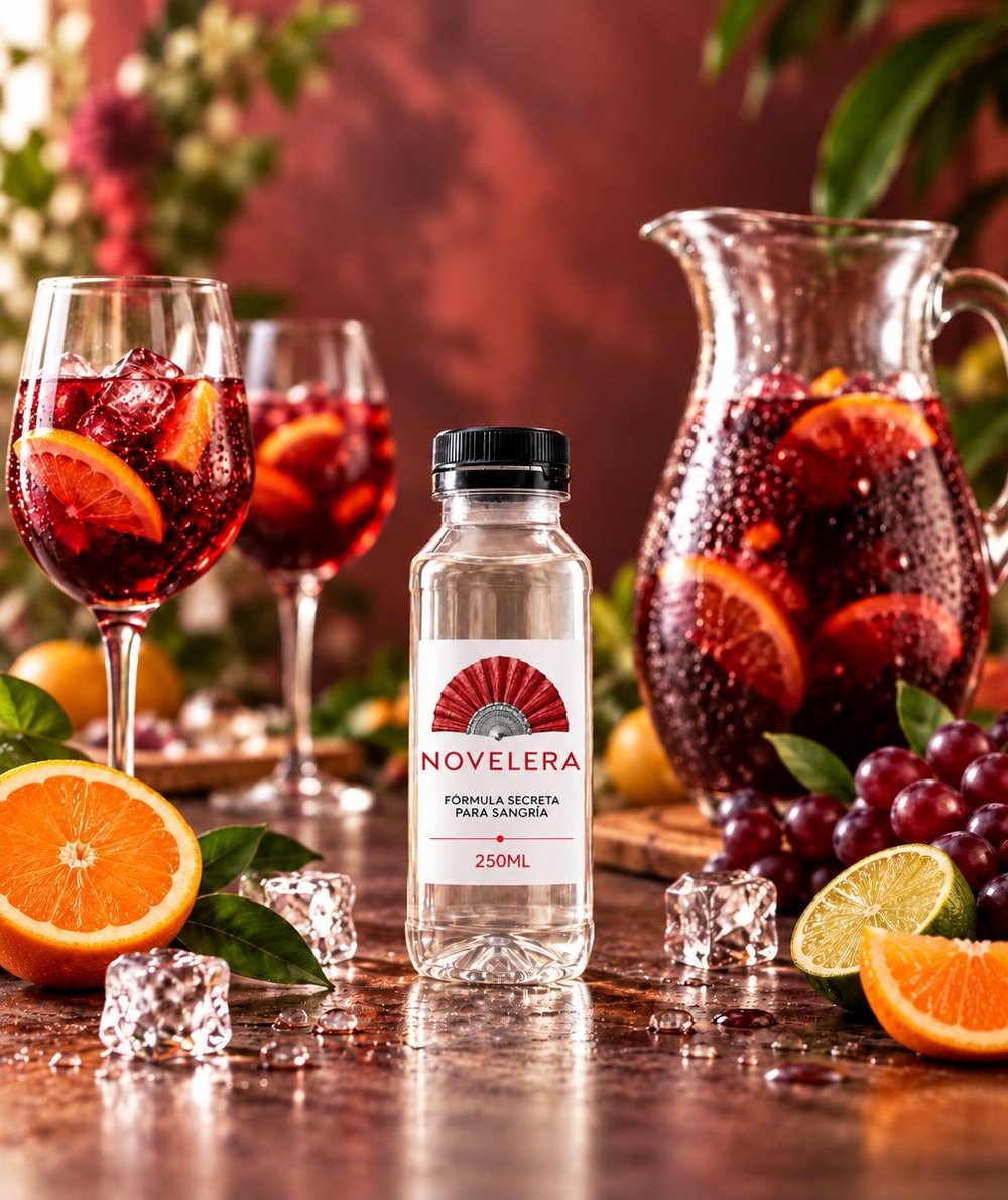 Botella de Novelera 250 ml junto a dos copas de sangría, una jarra con hielo y fruta fresca