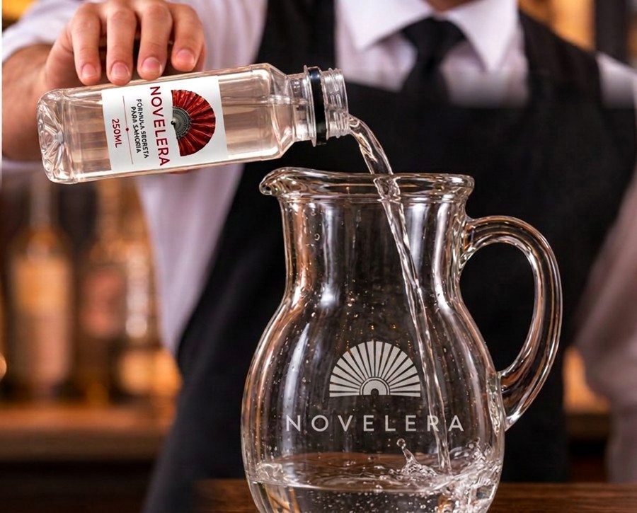 Vertiendo una botella de Novelera de 250 ml en la jarra